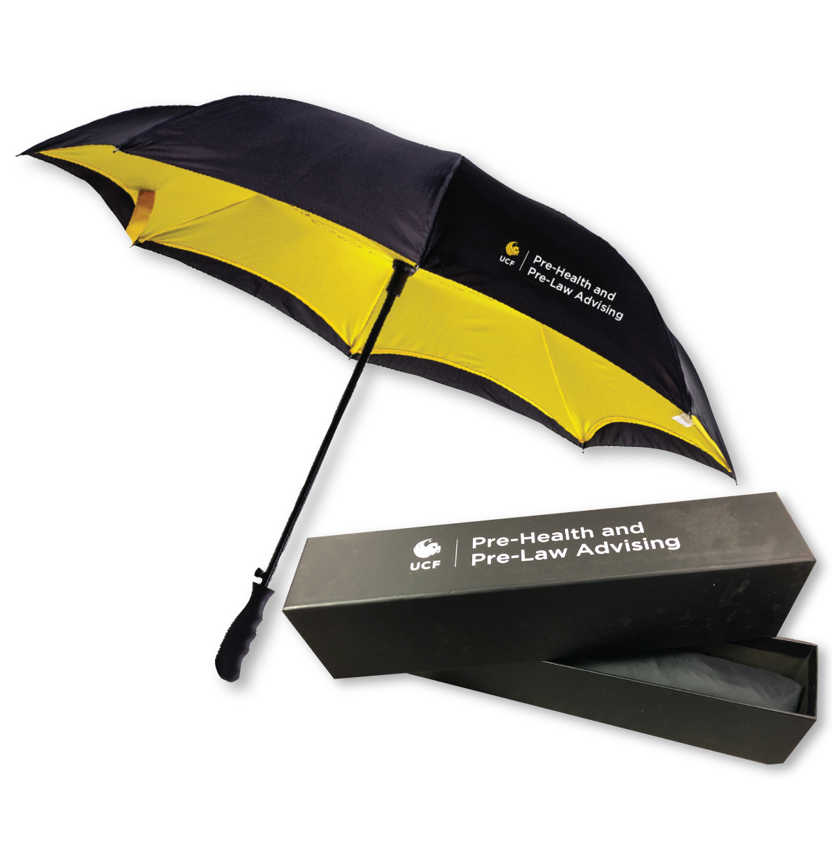 Custom Yellow and black umbrella with a custom gift box.